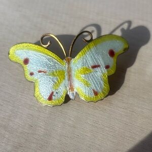 Yellow and White Metal Butterfly Brooch